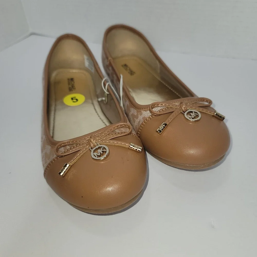 Michael Kors Ballet Flats Kids Luxury Sz 5 Brown Monogram Logo Bow Shoes Preppy